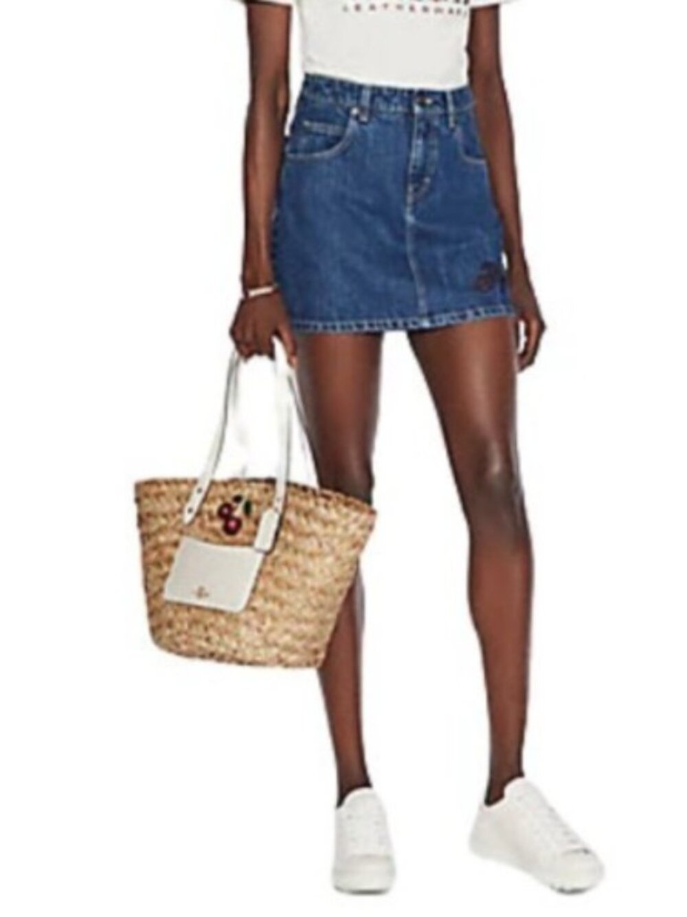 COACH Large Straw Basket Tote with Cherry Charm Natural Chalk Leather RARE NWT - Picture 7 of 11